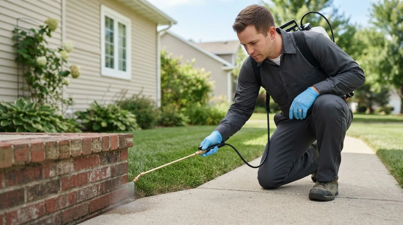 Pest control technician treating a home near Ventura, IA